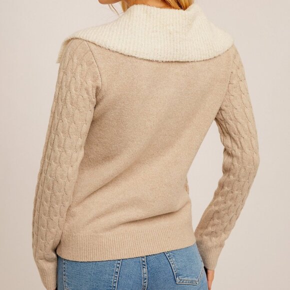 HEM & THREAD Beige Cable Knit Zip Sweater with Oversized Collar, Classic Neutral - Picture 3 of 5